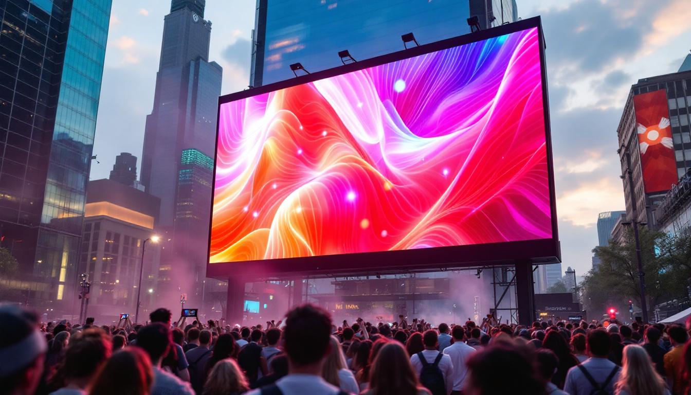 A photograph of a vibrant led jumbotron display in an outdoor setting