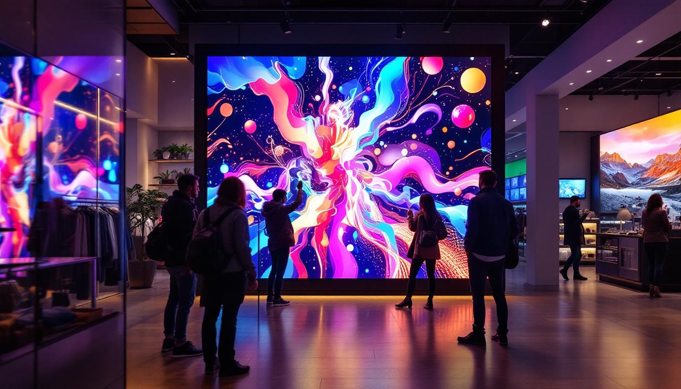 A photograph of a vibrant led display in a retail environment