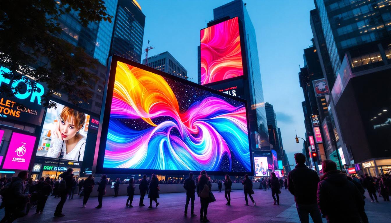 A photograph of a vibrant led display in a bustling urban environment