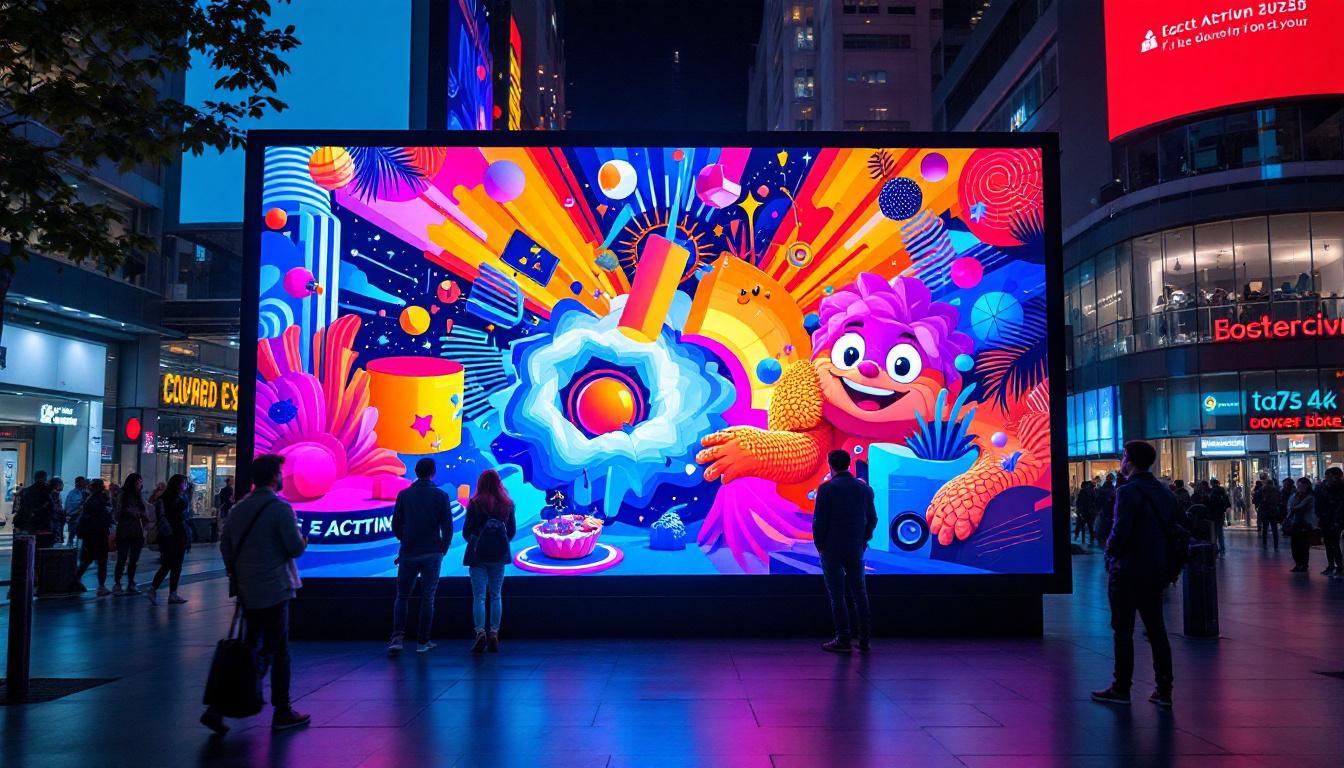 A photograph of a vibrant led display board in an urban setting