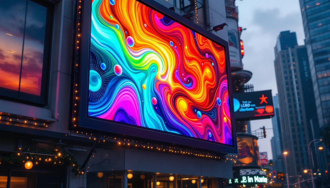 A photograph of a vibrant led billboard displaying dynamic