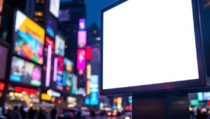 A photograph of a vibrant led screen displaying a bright white image in a dynamic urban setting