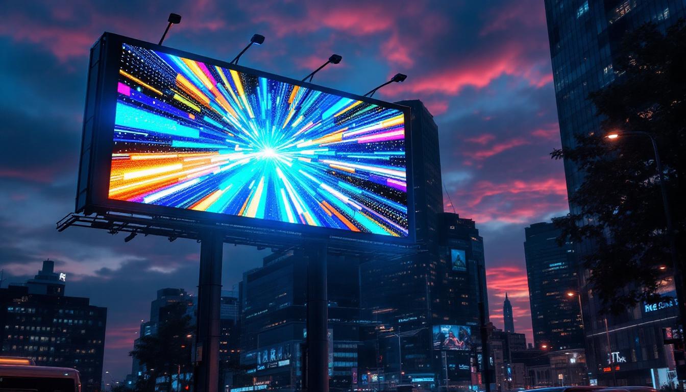 A photograph of a vibrant led billboard in an urban setting at dusk