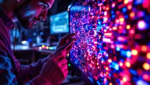 A photograph of a close-up shot of a technician examining a vibrant led monitor