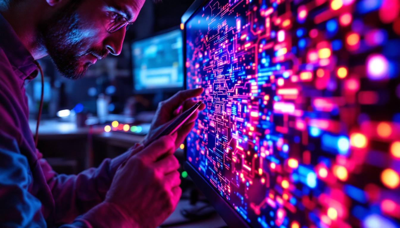 A photograph of a close-up shot of a technician examining a vibrant led monitor