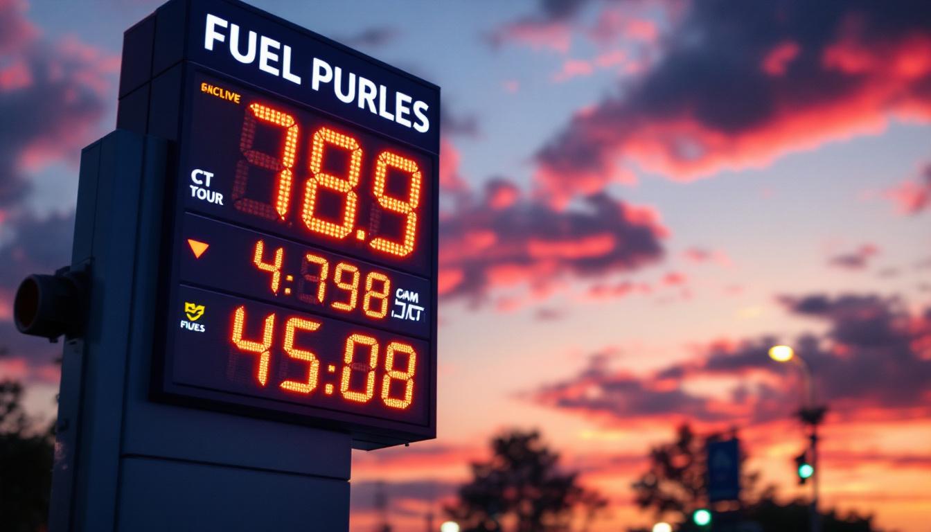 A photograph of a vibrant gas station led price sign displaying dynamic fuel prices at dusk