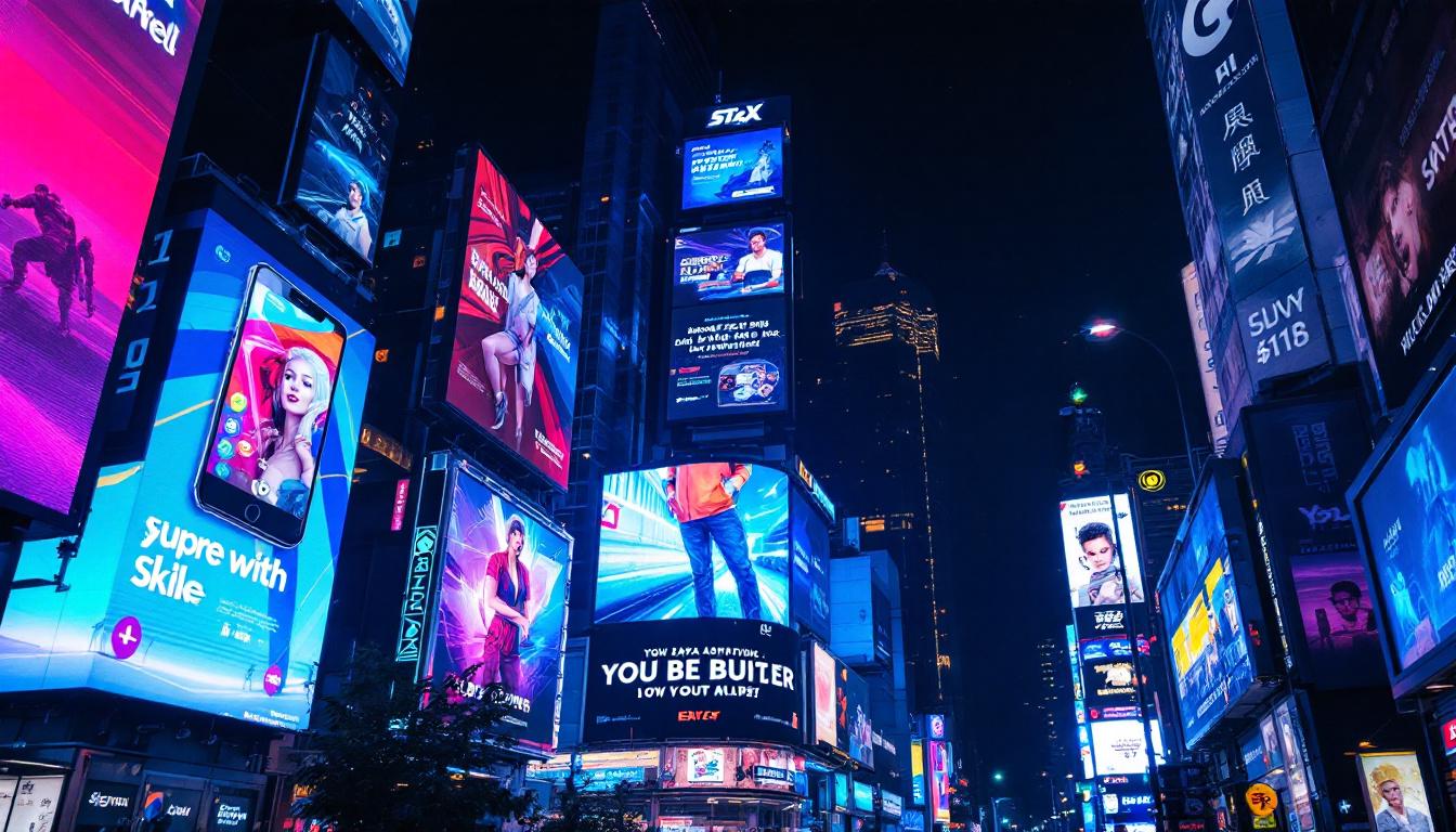 A photograph of a vibrant urban scene featuring a variety of led billboards at night
