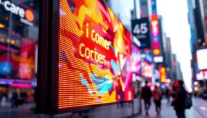 A photograph of a vibrant led display in a dynamic urban setting