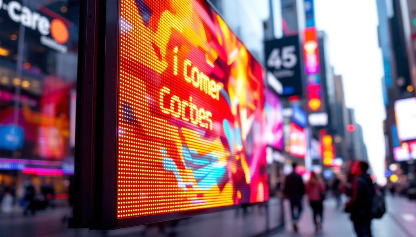 A photograph of a vibrant led display in a dynamic urban setting