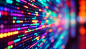 A photograph of a close-up of a vibrant led display in action