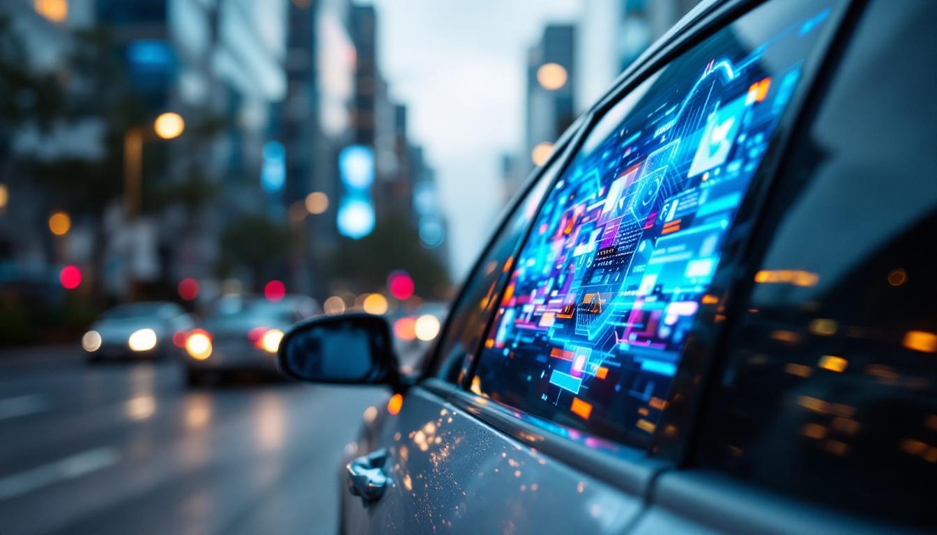 A photograph of a vibrant car window display featuring an led screen showcasing dynamic visuals or advertisements