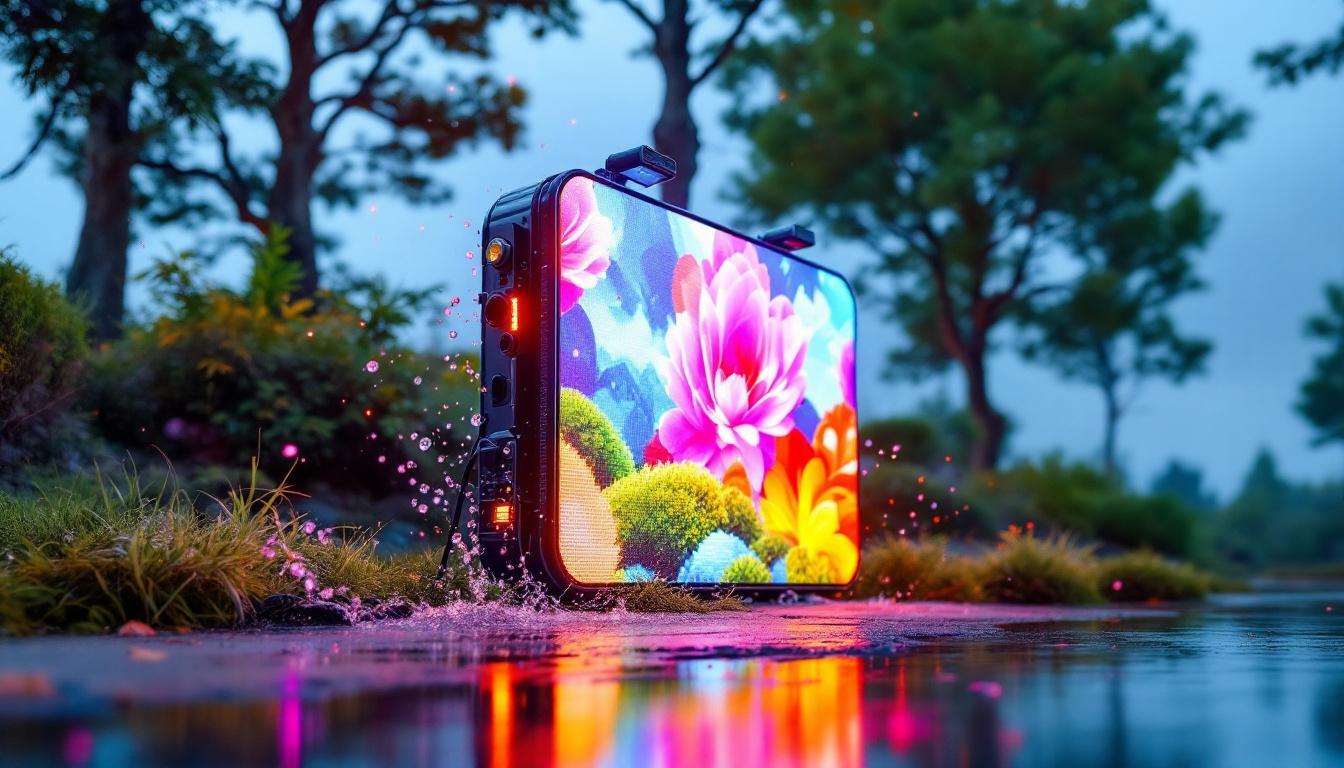 A photograph of a vibrant outdoor setting featuring a waterproof led display in action
