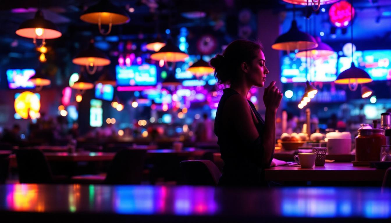 A photograph of a vibrant led display showcasing a restaurant's menu or ambiance