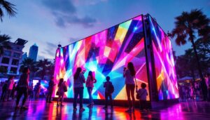A photograph of a vibrant solar-powered led display in an outdoor setting