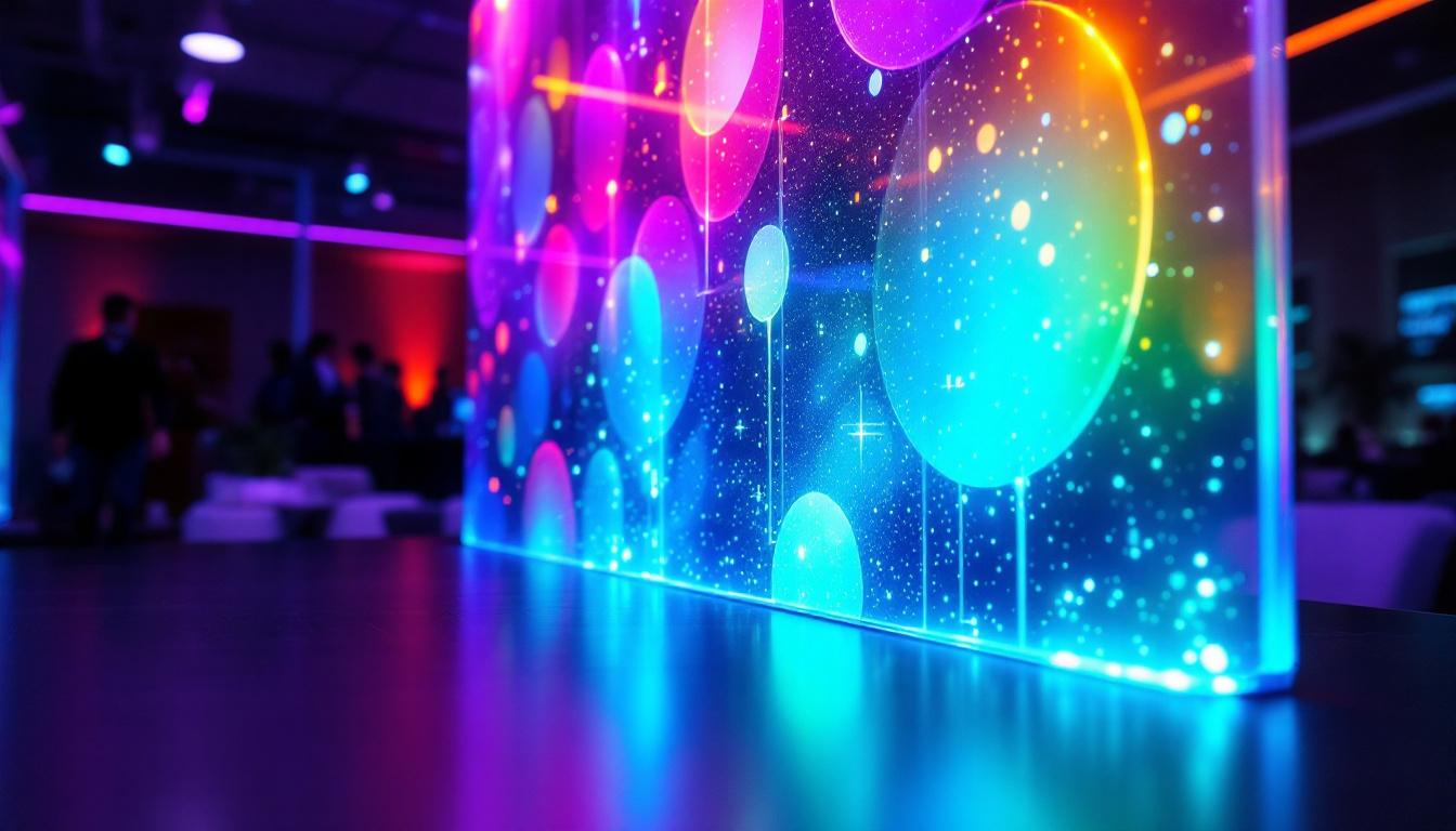 A photograph of a translucent led display in a modern setting