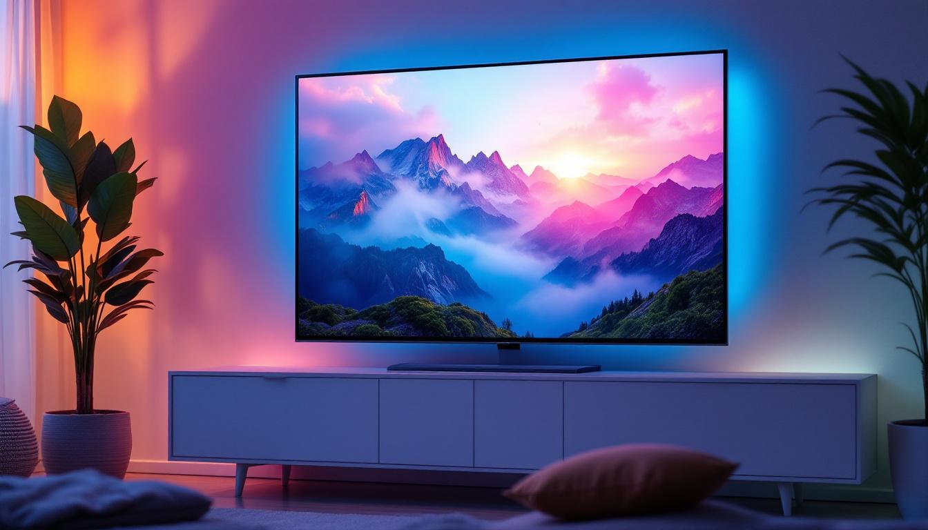 A photograph of a sleek flat screen led tv displaying vibrant colors and sharp imagery in a modern living room setting