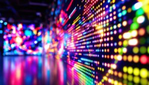 A photograph of a vibrant led display showcasing dynamic colors and patterns in a darkened environment