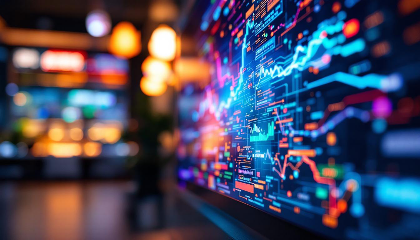 A photograph of a close-up view of an lcd screen displaying vibrant colors and dynamic content