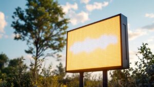 A photograph of capture a photograph of a vibrant solar-powered led sign board in a natural outdoor setting