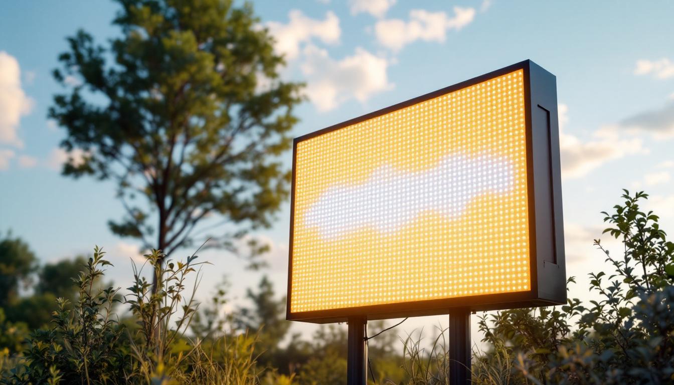 A photograph of capture a photograph of a vibrant solar-powered led sign board in a natural outdoor setting
