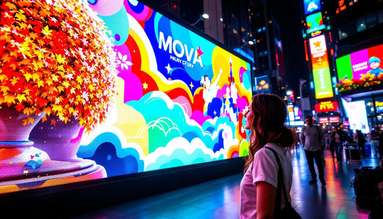 A photograph of a vibrant led display screen in an urban setting