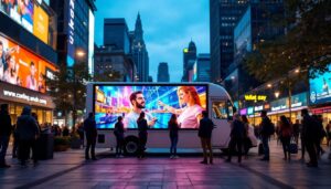 A photograph of a vibrant outdoor scene featuring a screen van displaying dynamic led content