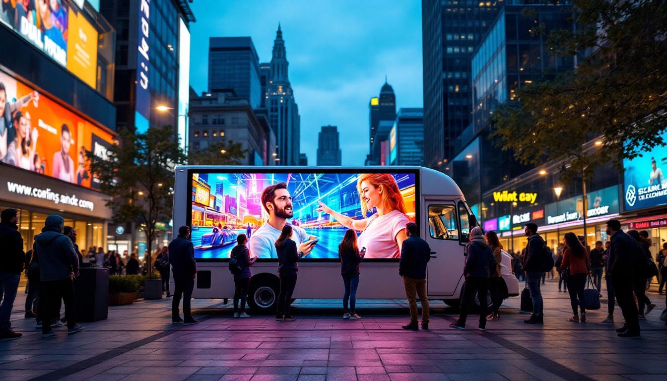 A photograph of a vibrant outdoor scene featuring a screen van displaying dynamic led content