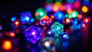A photograph of a close-up of vibrant led lamp beads illuminated in various colors