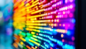A photograph of a close-up view of an led display screen showcasing vibrant colors and high contrast