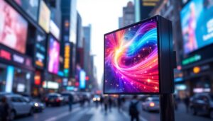 A photograph of a vibrant led display showcasing dynamic visuals or advertisements in a bustling urban setting