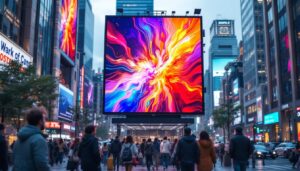 A photograph of a vibrant outdoor led billboard displaying dynamic advertisements in a bustling urban setting