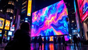 A photograph of capture a photograph of a vibrant led display in a dynamic urban setting