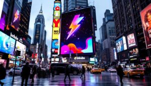 A photograph of a vibrant led billboard in a bustling new york city setting