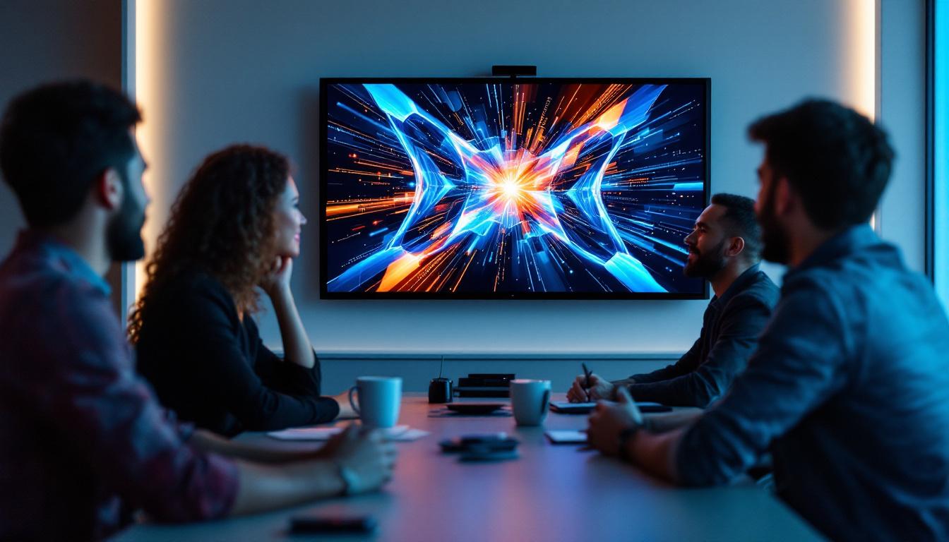 A photograph of a modern conference room featuring a sleek led display monitor in use