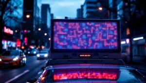 A photograph of a vibrant led back windscreen advertisement in action on a vehicle