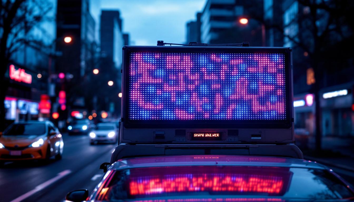 A photograph of a vibrant led back windscreen advertisement in action on a vehicle