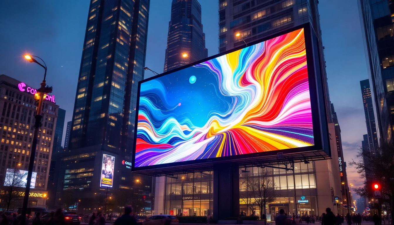 A photograph of a vibrant led billboard displaying dynamic advertisements in an urban setting