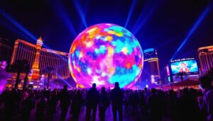 A photograph of the las vegas led sphere at night