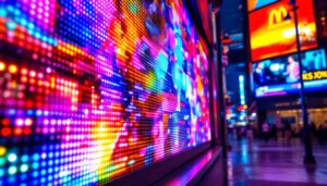 A photograph of a vibrant led display showcasing a variety of colors and brightness levels in a dynamic urban setting