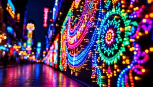 A photograph of a vibrant led display showcasing colorful lights and intricate designs