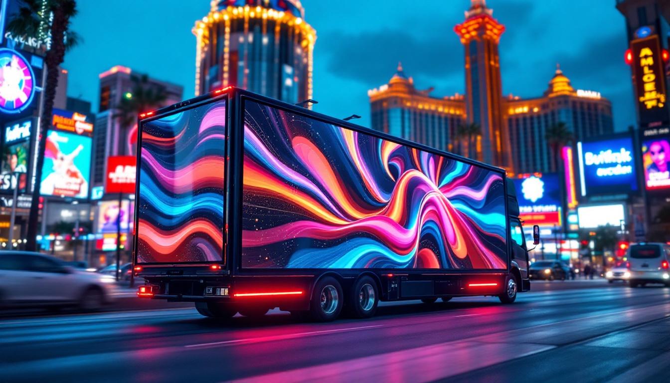 A photograph of a vibrant mobile billboard in las vegas featuring a dynamic led display