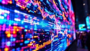 A photograph of a close-up shot of a large led display screen in use