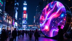 A photograph of capture a photograph of a vibrant circular led screen displaying dynamic visuals in an engaging urban environment