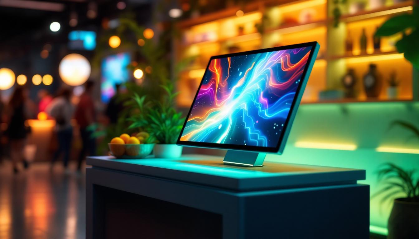 A photograph of a vibrant tabletop digital signage setup featuring a sleek led display showcasing dynamic content