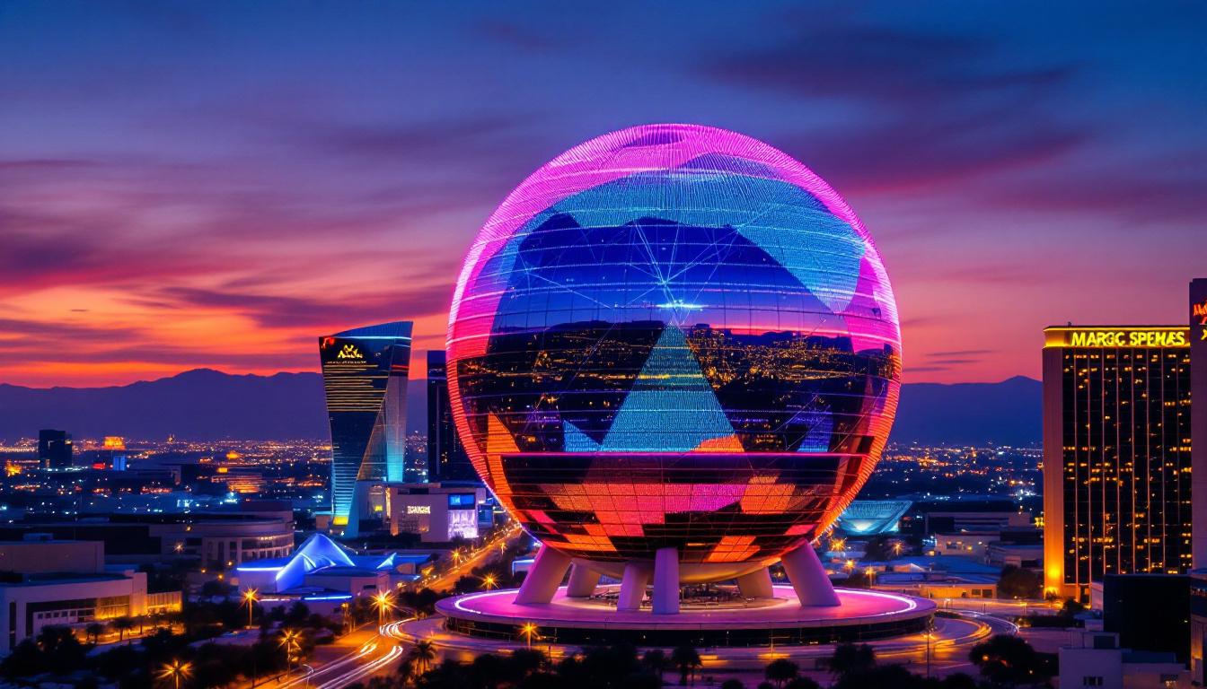 A photograph of capture a photograph of the las vegas sphere at dusk