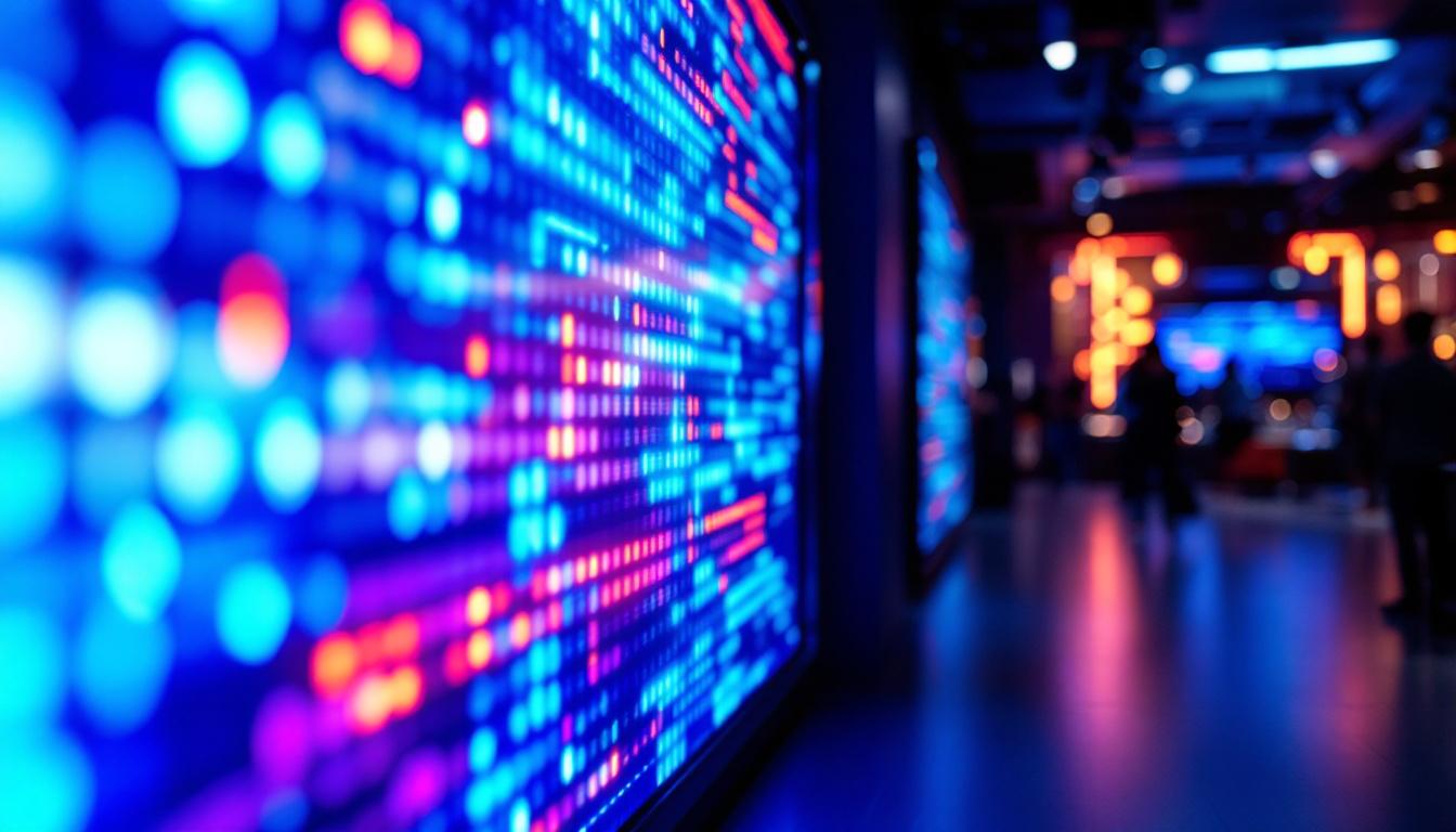 A photograph of a vibrant led display in a dimly lit environment