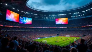 A photograph of a vibrant stadium filled with fans