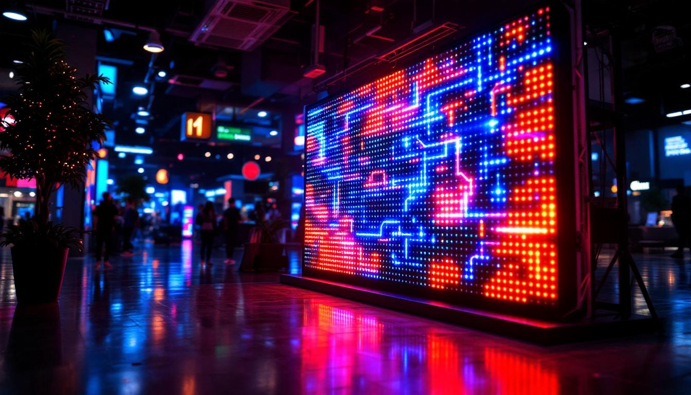 A photograph of a vibrant led display in a dynamic setting