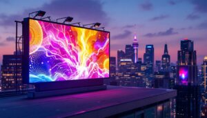 A photograph of a vibrant rooftop led display in an urban setting
