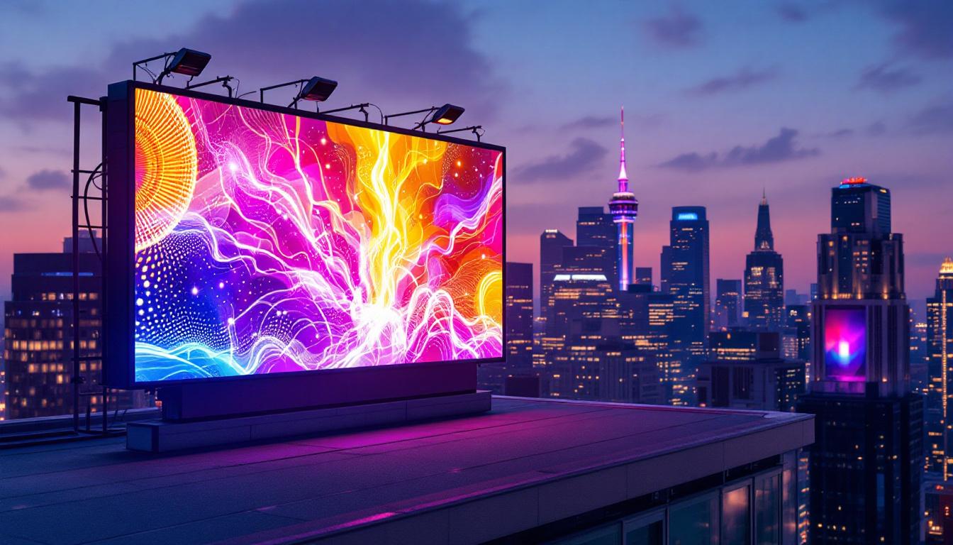 A photograph of a vibrant rooftop led display in an urban setting